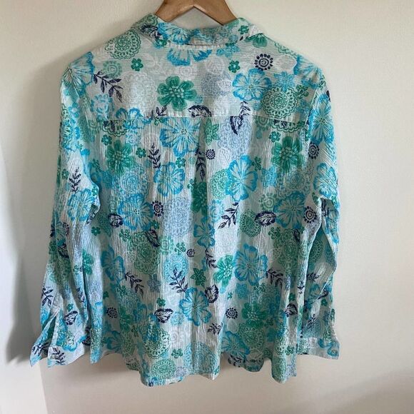 Vintage - Appleseed's - blue floral print pattern button down top - Picture 5 of 7
